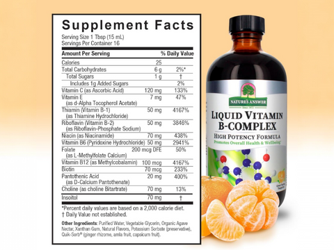 Nature's Answer Liquid Vitamin B-Complex Tangerine 240ml supplement facts and directions