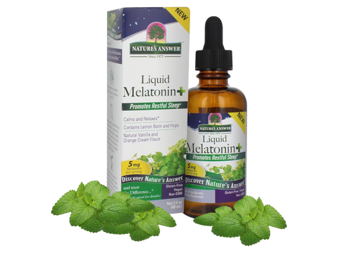 Nature’s Answer Melatonin Plus Lemon Balm & Hops Liquid 60ml bottle front view on a white background