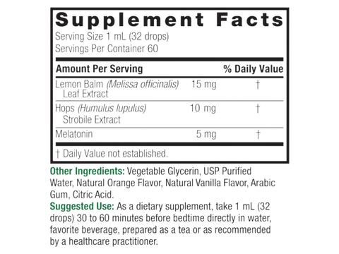 Nature’s Answer Melatonin Plus Lemon Balm & Hops 60ml supplement facts label
