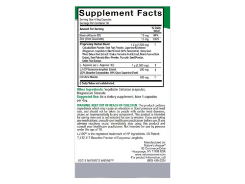 Nature’s Answer Male Complete Herbal Food Supplement 120 capsules supplement facts label