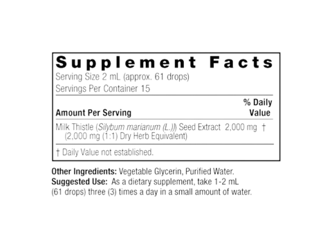 Nature’s Answer Milk Thistle supplement facts alcohol free 30ml back label on a white background