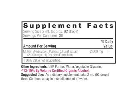 Nature’s Answer Mullein Leaf supplement facts low alcohol 60ml back labelon a white background.