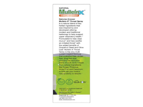 Nature’s Answer Mullein-X Throat Spray 60ml supplement labelon a white background