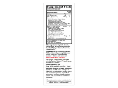 Nature’s Answer Mullein-X Throat Spray 60ml ingredient & supplement label