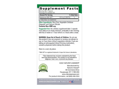 Nature’s Answer Nattokinase Enzyme Capsules – 60 Vegetarian Capsules Supplement Facts panel