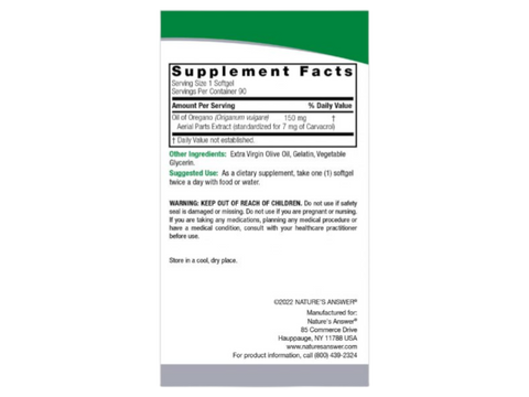 Nature's Answer Oil of Oregano Softgels 90 count supplement facts and directions