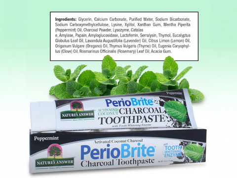 Nature’s Answer PerioBrite charcoal toothpaste ingredient panel 113.4g back viewon a light green background