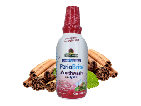 Nature’s Answer PerioBrite Cinnamint mouthwash alcohol-free fluoride-free 480ml bottle front label
