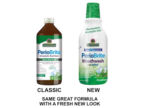 Nature’s Answer PerioBrite Cool Mint alcohol-free mouthwash 480ml front view- old new packaging