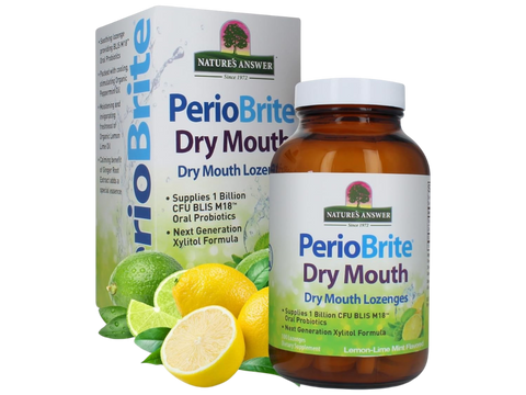 Nature’s Answer PerioBrite dry mouth lozenges lemon lime flavour 100 count box & bottle front label