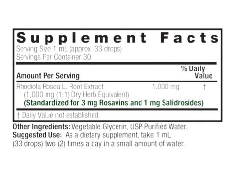 Nature’s Answer Rhodiola Root liquid extract supplement facts 30ml bottle