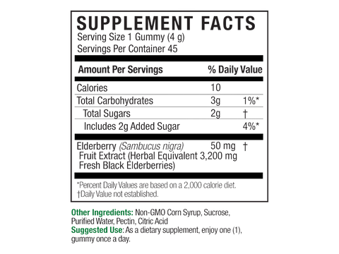 Nature’s Answer Sambucus elderberry gummies ingredient label 45 count back view on a white background