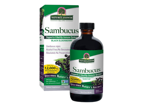 Nature’s Answer Sambucus elderberry alcohol-free liquid extract 120ml box & bottle front label