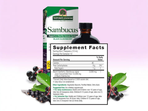Nature’s Answer Sambucus elderberry supplement facts 120ml bottle