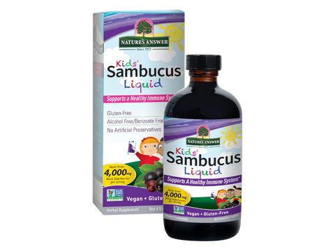 Nature’s Answer Sambucus Kids elderberry liquid alcohol-free 120ml box & bottle front label