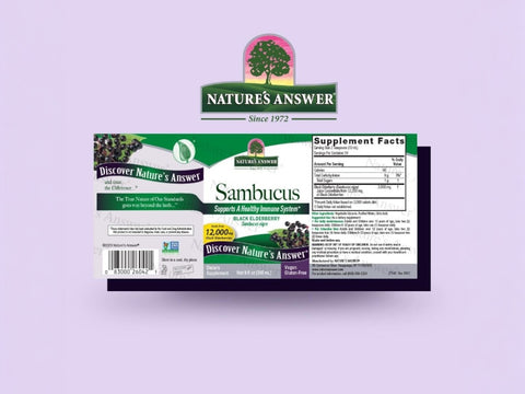 Nature’s Answer Sambucus elderberry syrup 240ml barcode on a light purple background