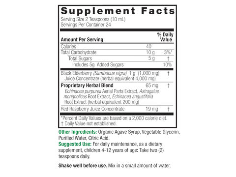 Nature’s Answer Sambucus Elderberry Kids Syrup 240ml supplement facts label