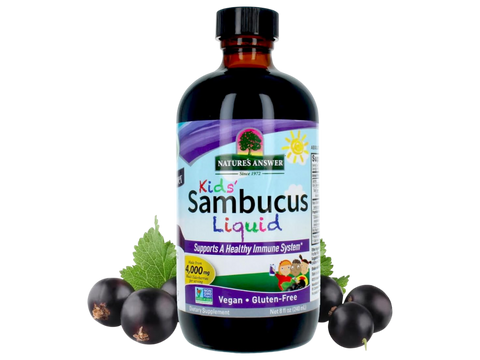 Nature’s Answer Sambucus Elderberry Kids Syrup 240ml bottle front view on a white background with elderberry
