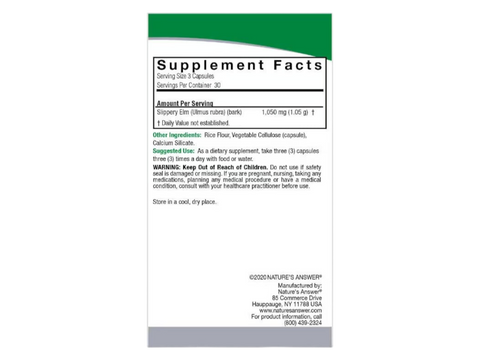 Nature’s Answer Slippery Elm Bark Capsules 90 count supplement facts label