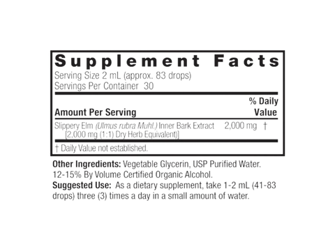 Nature’s Answer Slippery Elm supplement facts low alcohol 60ml back label