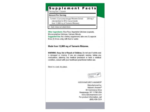 Nature's Answer Turmeric-3 Vegan Capsules 90 supplement facts and directions
