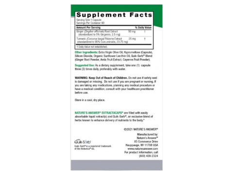 Nature's Answer Turmeric and Ginger Capsules 90 count supplement facts and directions