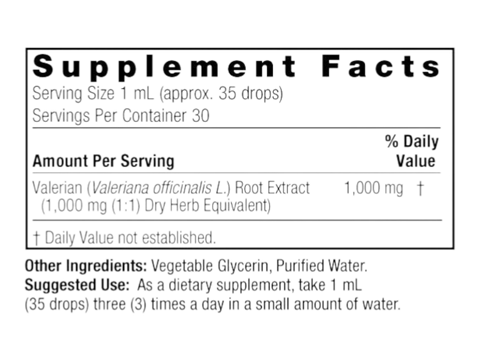 Nature’s Answer Valerian Root liquid extract supplement facts 60ml bottle