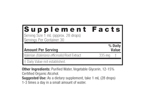 Nature’s Answer Valerian Root Liquid Extract 30ml supplement facts label on a white background