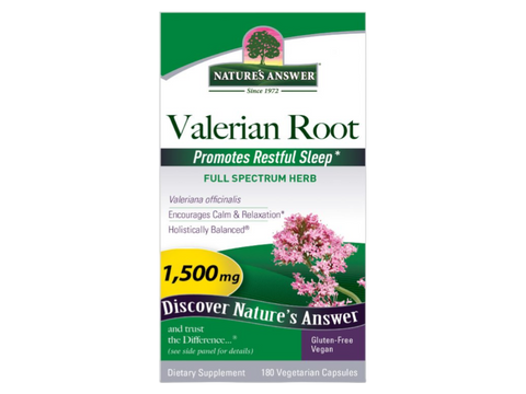Nature’s Answer Valerian Root Capsules 1500mg 180 vegetarian capsules box front view on a white background