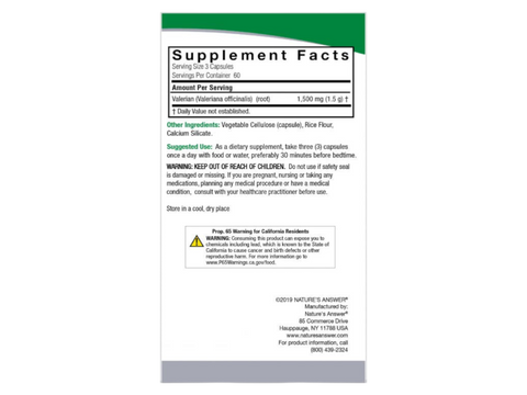 Nature’s Answer Valerian Root Capsules 180 count supplement facts label on a white background
