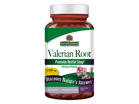 Nature’s Answer Valerian Root Capsules 1500mg 180 vegetarian capsules bottle front view on a white background