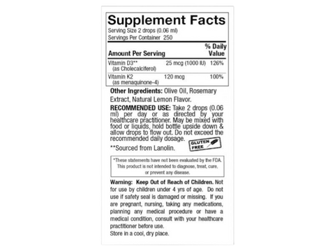 Nature's Answer Vitamin D3 and K2 Liquid Drops Lemon 15ml supplement facts and directions