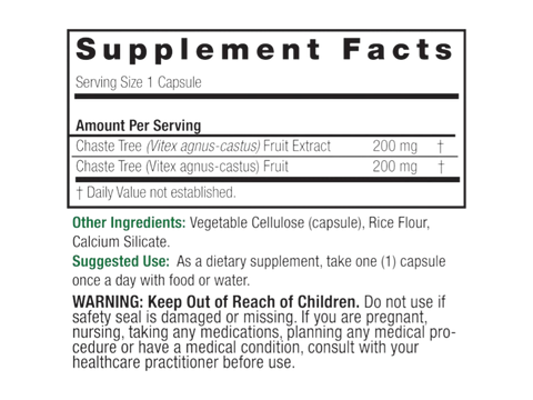 Nature’s Answer Chasteberry Vitex supplement facts 400mg 90 vegetarian capsules back label