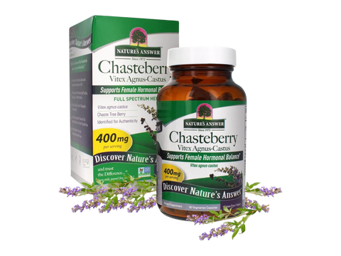 Nature’s Answer Chasteberry Vitex Agnus-Castus 400mg vegetarian capsules 90 count bottle & box front view on a white background