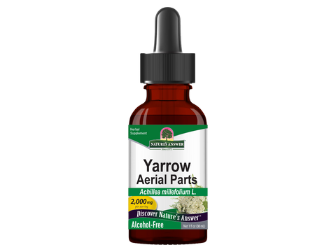 Bottle of Yarrow aerial parts extract with dropper on a white background