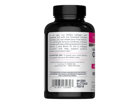 NeoCell Grass Fed Collagen Peptides Tablets 180 count back label showing barcode