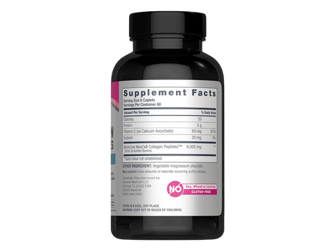 NeoCell Grassfed Collagen Peptides Plus Vitamin C Caplets 360 count supplement facts and ingredients label side