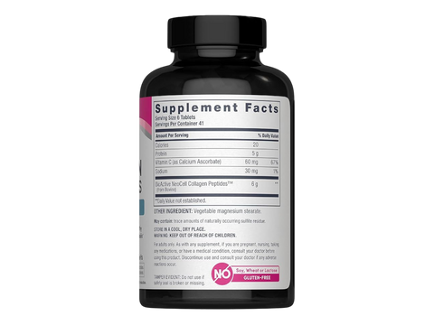 NeoCell Grassfed Collagen Peptides Plus Vitamin C Tablets 250 count supplement facts and ingredients label side