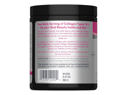 Nutrition label and ingredients, barcode for flavored collagen peptides powder supplement.
