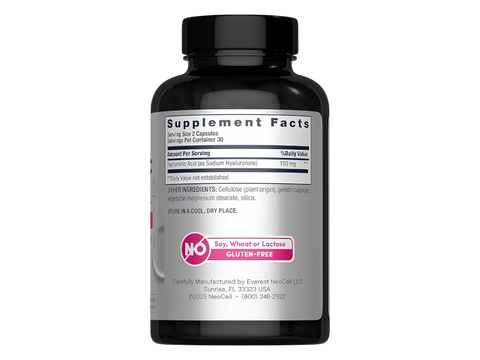 NeoCell Hyaluronic Acid Capsules 100mg 60 capsules supplement facts and ingredients label side