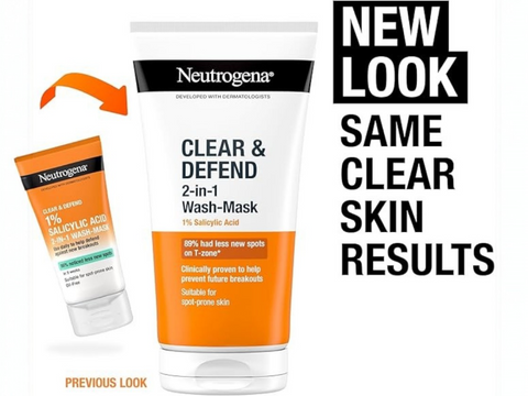 Neutrogena Clear & Defend 2-in-1 Wash & Mask 150ml - 1% Salicylic Acid Formula new look