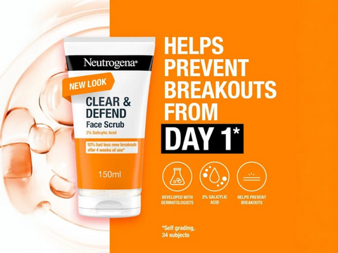 Neutrogena Clear & Defend Face Scrub 150ml - 2% Salicylic Acid Exfoliator
