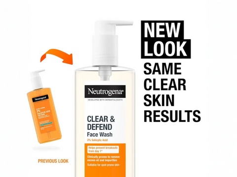 Neutrogena Clear & Defend 2% Salicylic Acid Face Wash 200ml bottle. Old & new pacakging.