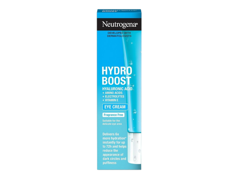 Neutrogena Hydro Boost Eye Awakening Gel-Cream 15ml box tube, blue packaging, on white background.