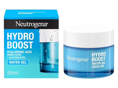 Neutrogena Hydro Boost Water Gel moisturiser tub & box, 50ml, on a clean white background.