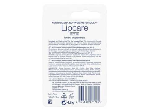 Back of Neutrogena SPF 20 Lip Balm packaging showing SPF details, ingredients and barcode.