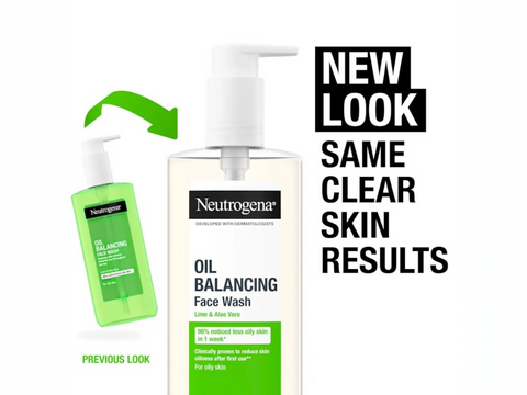 Neutrogena Oil Balancing Face Wash 200ml bottle, green and white packaging. Old & new packaging.