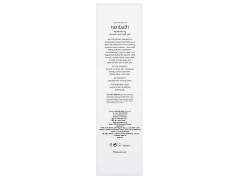 Back label of Neutrogena Rainbath body wash showing ingredients.