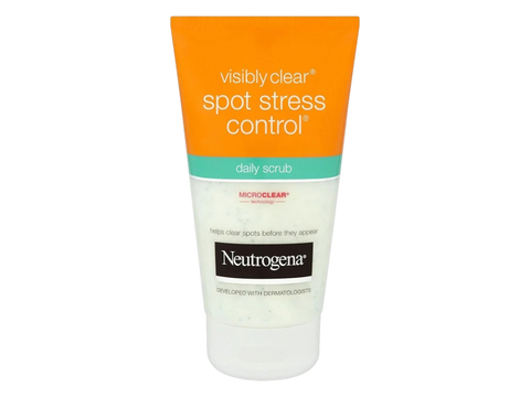 Neutrogena Visibly Clear Daily Scrub 150ml tube, blue and white packaging, isolated on white.
