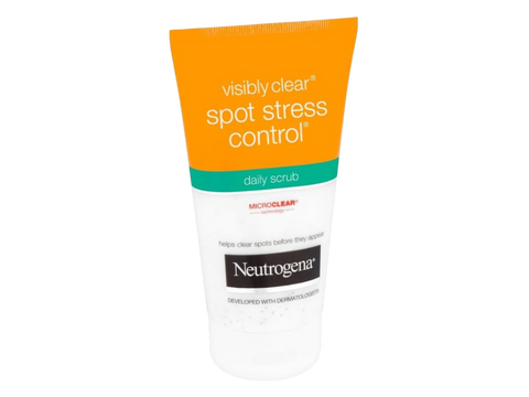 Neutrogena Visibly Clear Daily Scrub 150ml tube, blue and white packaging, isolated on white.